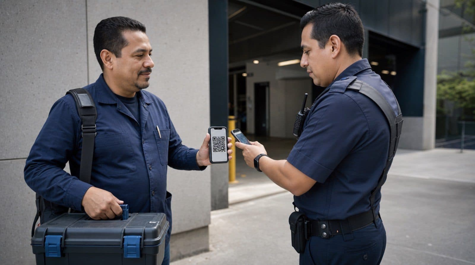 Proveedor con herramientas de trabajo mostrando su código QR a seguridad en la entrada de una empresa