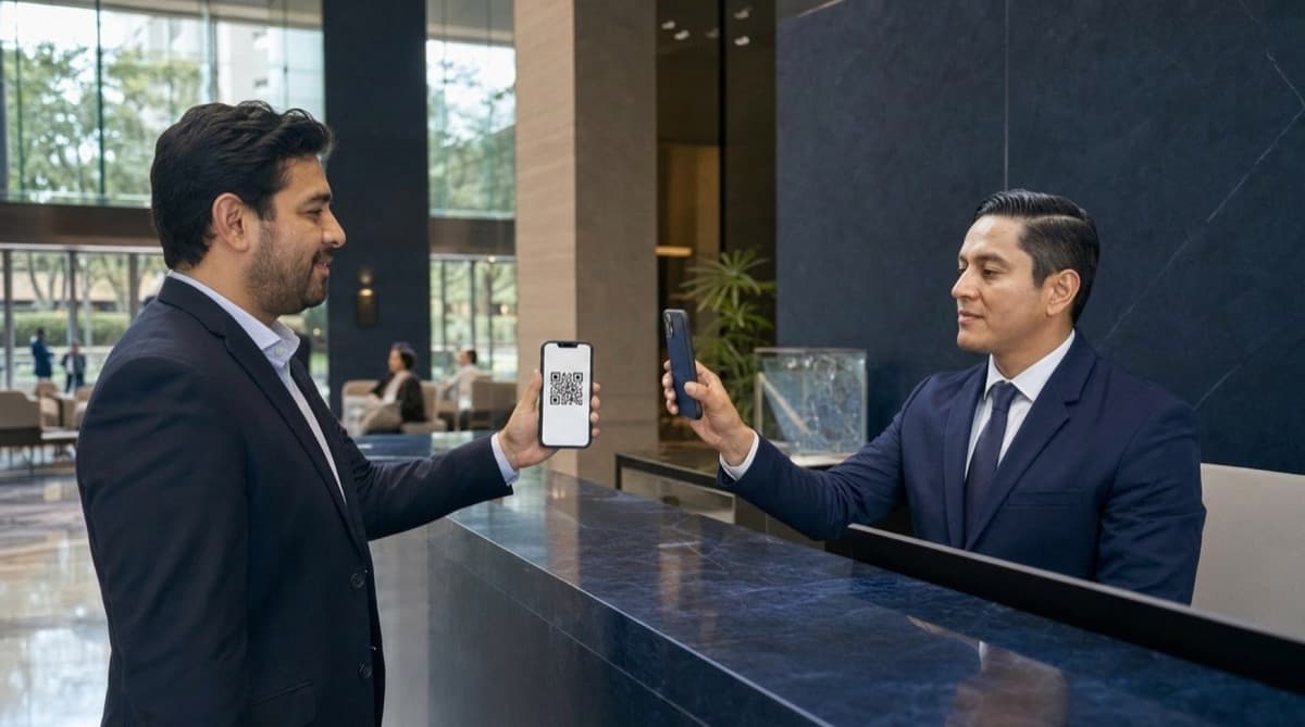 Personal de seguridad verificando el código QR de un visitante en la recepción de una empresa