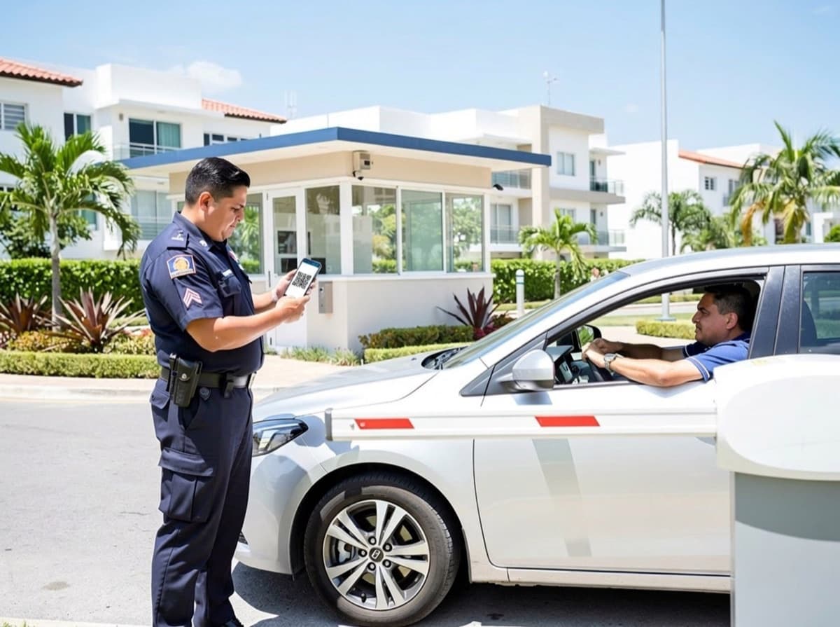 Guardia de seguridad escaneando el código QR de un visitante desde la garita de entrada de un condominio