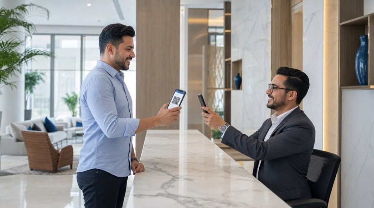 Conserje verificando el código QR de un visitante en el lobby de un condominio