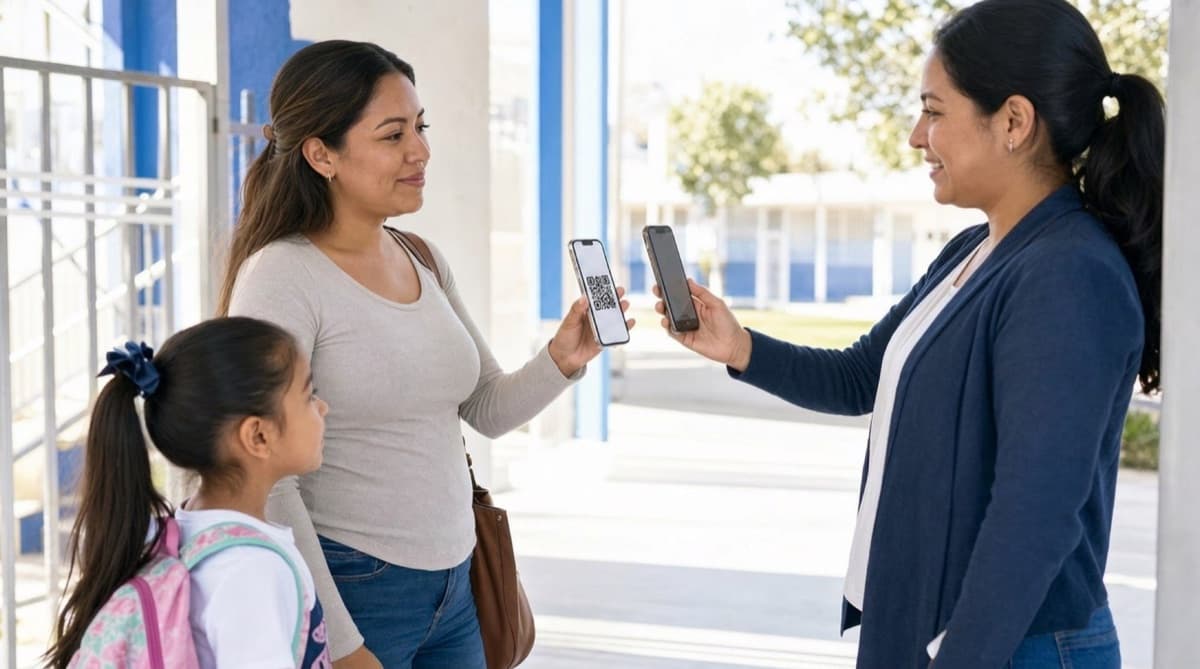 Madre mostrando un código QR a una profesora en la entrada del colegio mientras una niña espera